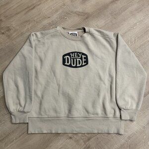 Hey Dude Shoes Tan Beige Women's Medium Crewneck Sweatshirt Pullover Black Logo